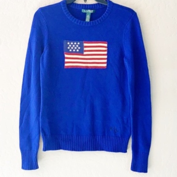 SOLD-🇺🇸RALPH LAUREN🇺🇸Cobalt Blue USA Patriotic Nautical Flag Sweater XL - Picture 2 of 8